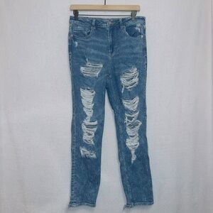 American Eagle AE Medium Wash Denim High Rise Stretch Distressed Mom Jean 6